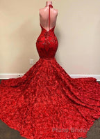Burgundy Halter Mermaid V-neck Low back Flowers Formal Prom Dresses