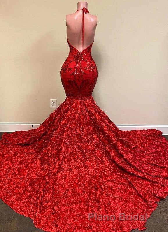 Burgundy Halter Mermaid V-neck Low back Flowers Formal Prom Dresses