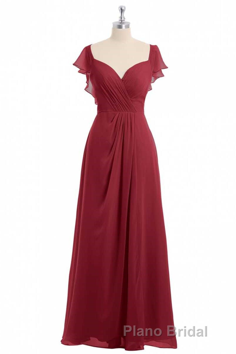 Wine Red Chiffon Backless Ruffled Sleeve Long Bridesmaid Dresses Secondary image