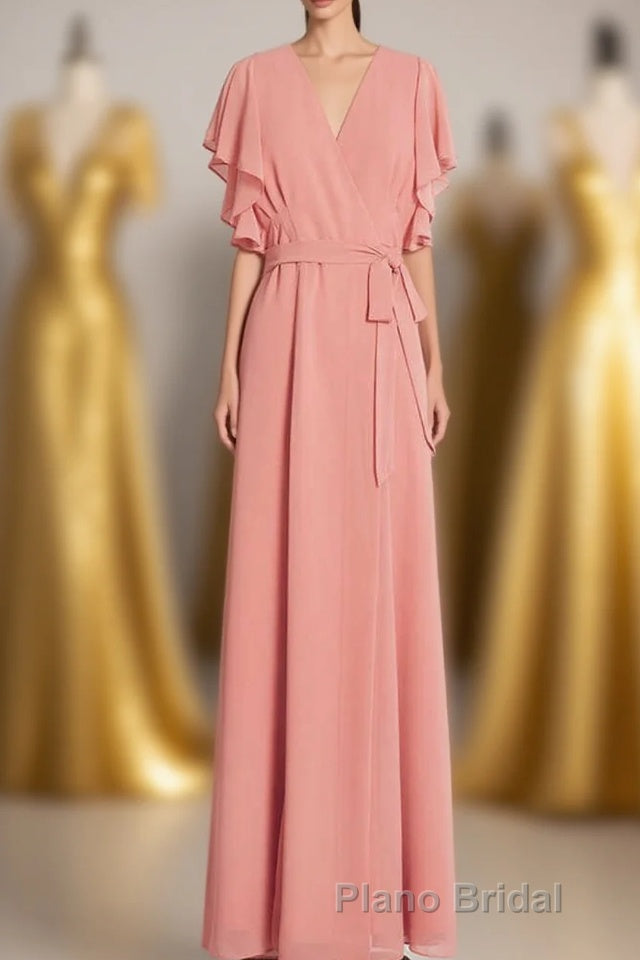 Peach Wrap Ruffled Long Bridesmaid Dresses Main image