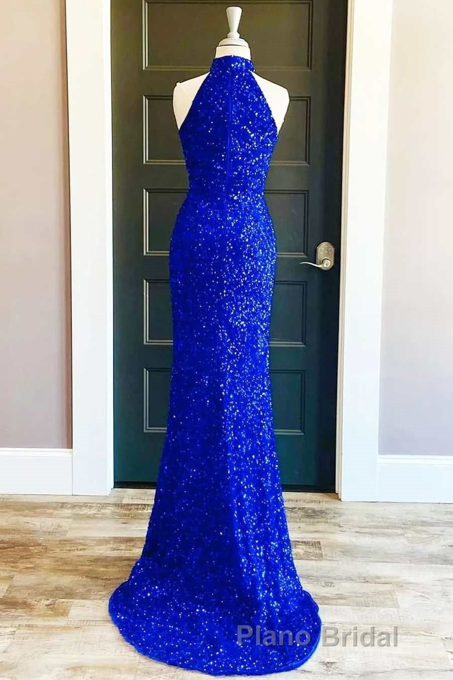 Blue Sequin Halter Long Prom Dresses with Slit Secondary image