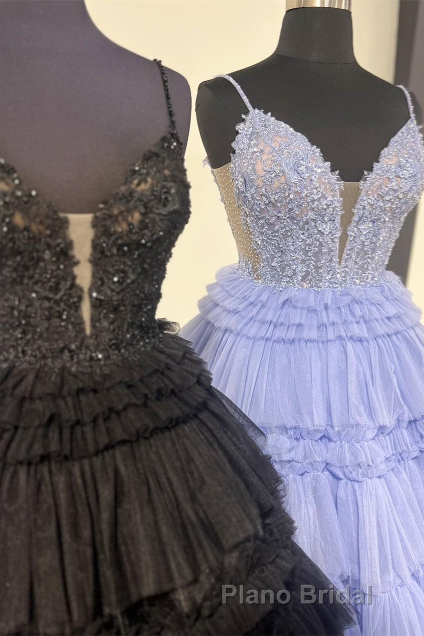 Black Layers Plunging V A-line Floral Long Formal Prom Dresses