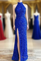 Blue Sequin Halter Long Prom Dresses with Slit