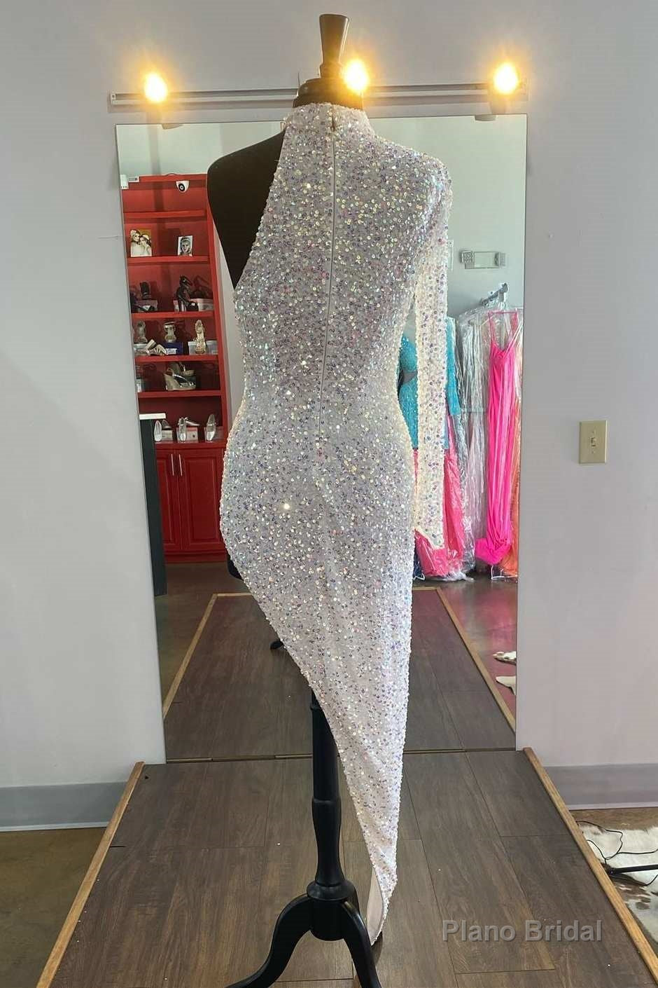 Iridescent White Sequin Halter One-Sleeve High-Low Cocktail Dress Main image