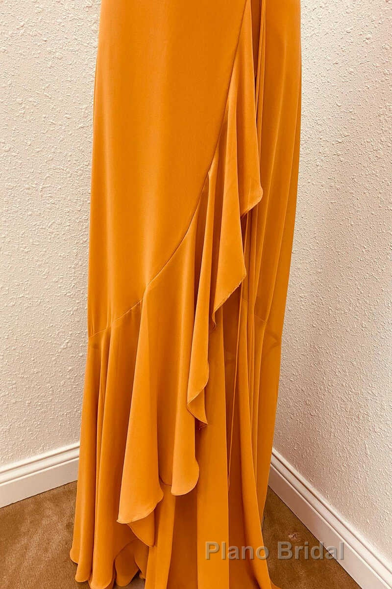 Rust V-Neck Spaghetti Straps Ruffled Long Bridesmaid Dresses