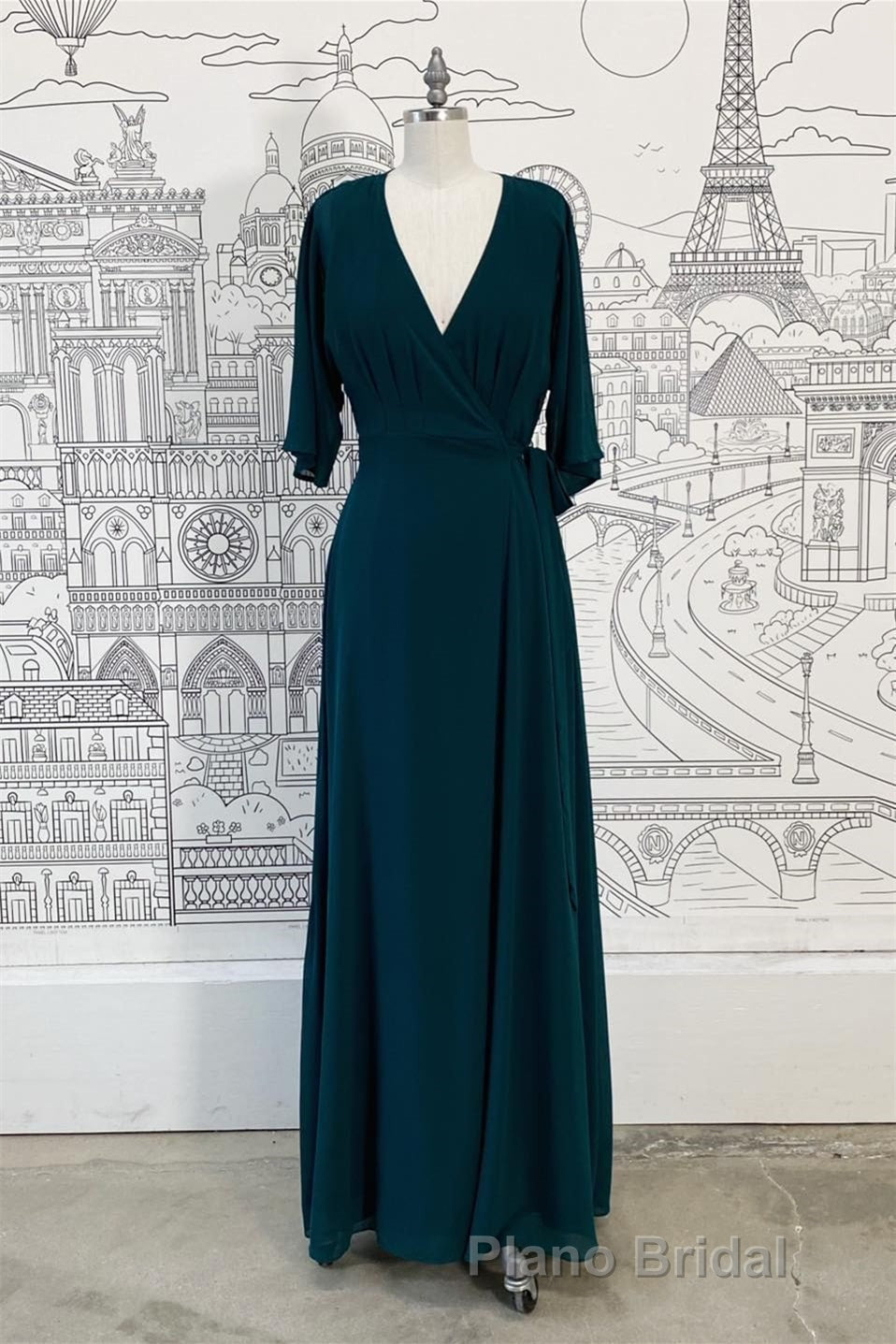 Wrap V Neck Sleeves Chiffon Long Bridesmaid Dresses with Sash