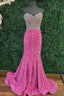 Hot Pink Sequin Rhinestones Strapless Mermaid Long Prom Dress