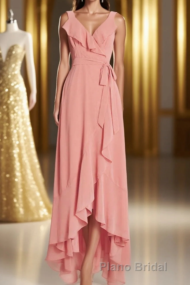 Peach Straps Ruffled High-Low Bridesmaid Dresses Main image