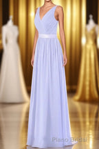 Lavender Chiffon V-Neck Backless Long Bridesmaid Dresses