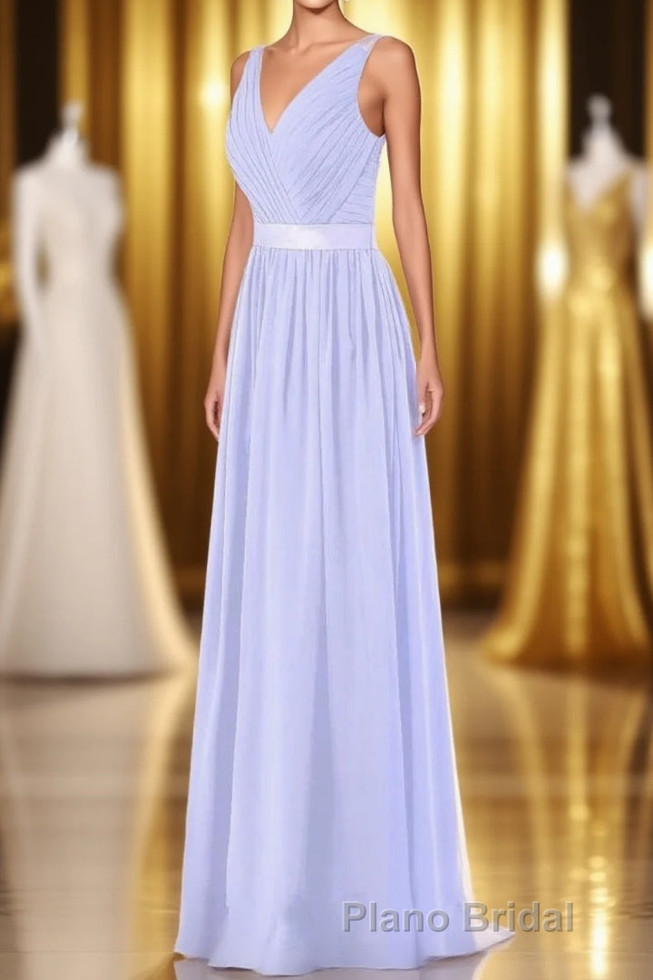 Lavender Chiffon V-Neck Backless Long Bridesmaid Dresses Main image