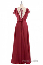 Wine Red Chiffon Backless Ruffled Sleeve Long Bridesmaid Dresses