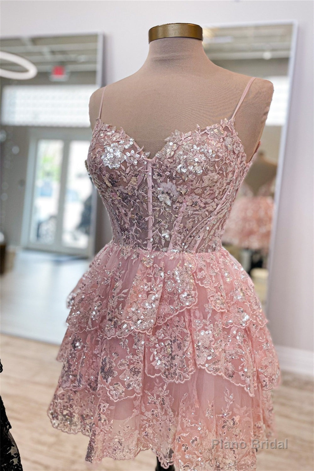 Pink Straps Sequined Multi-Layers Tulle Homecoming Dress Main image
