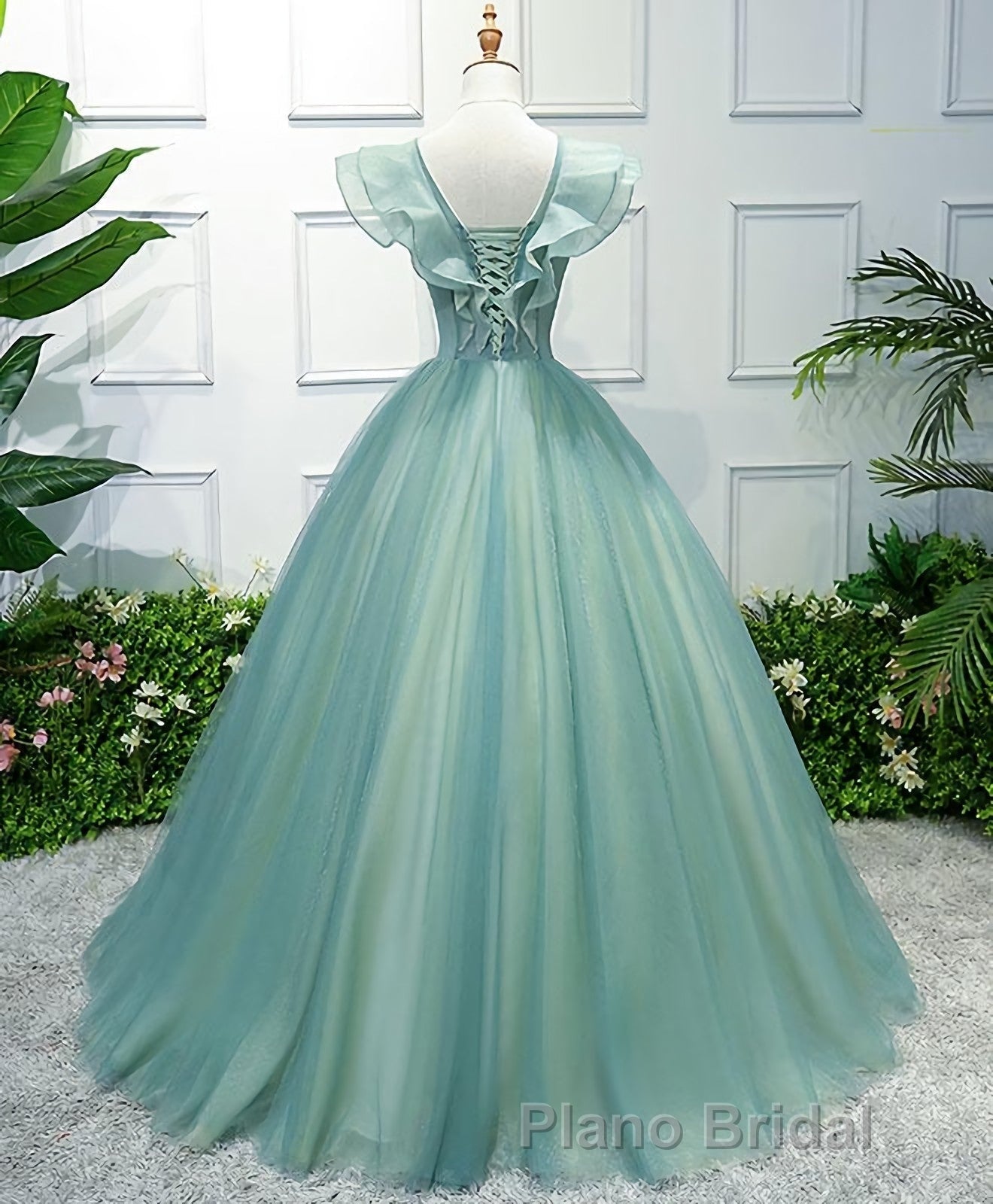 Green V Neck Tulle Long Formal Prom Dresses, Green Evening Dresses