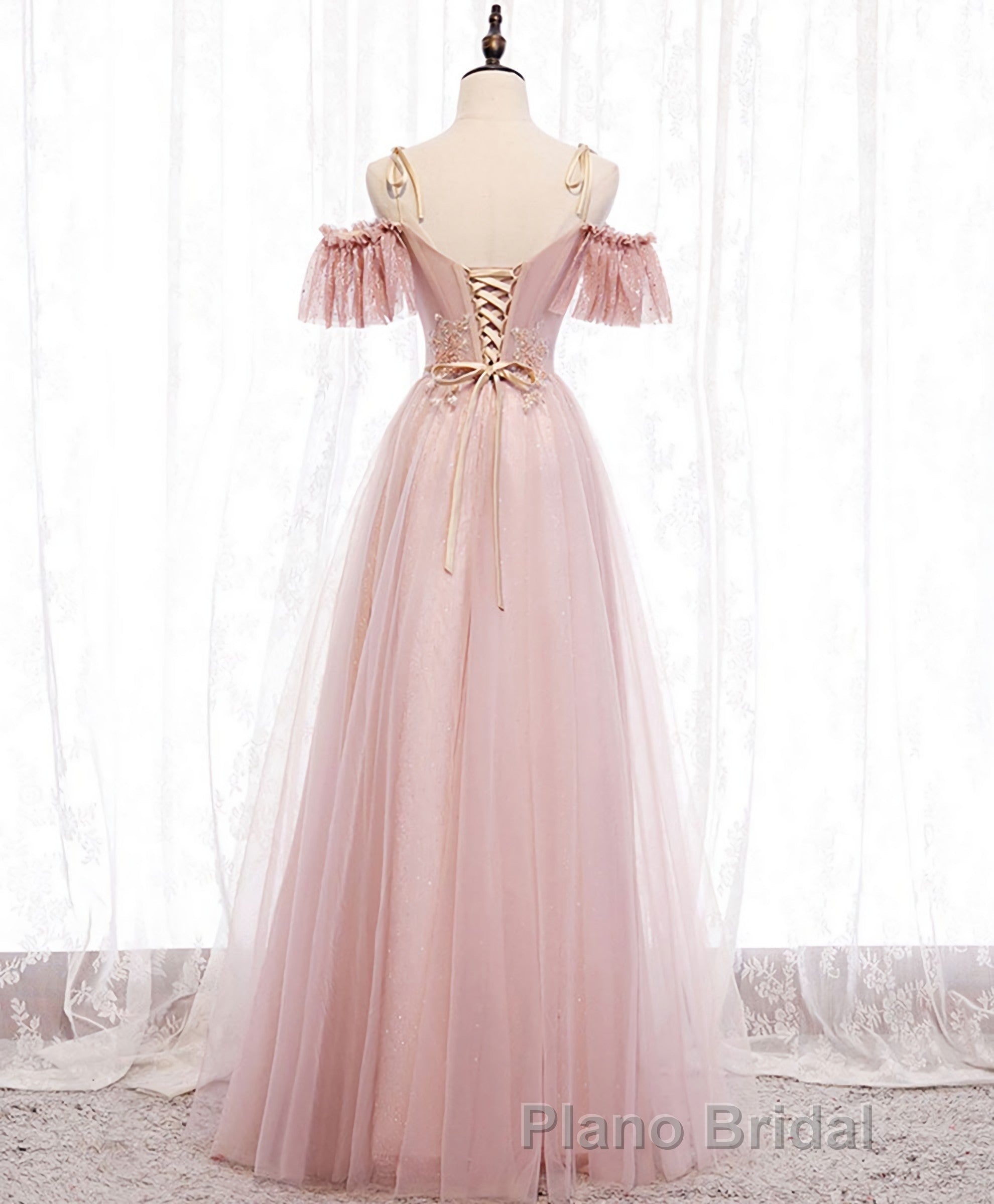 Pink V Neck Tulle Lace Long Formal Prom Dresses, Pink Bridesmaid Dresses, 1 Secondary image