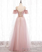 Pink V Neck Tulle Lace Long Formal Prom Dresses, Pink Bridesmaid Dresses, 1
