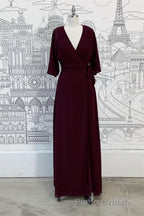 Wrap V Neck Sleeves Chiffon Long Bridesmaid Dresses with Sash