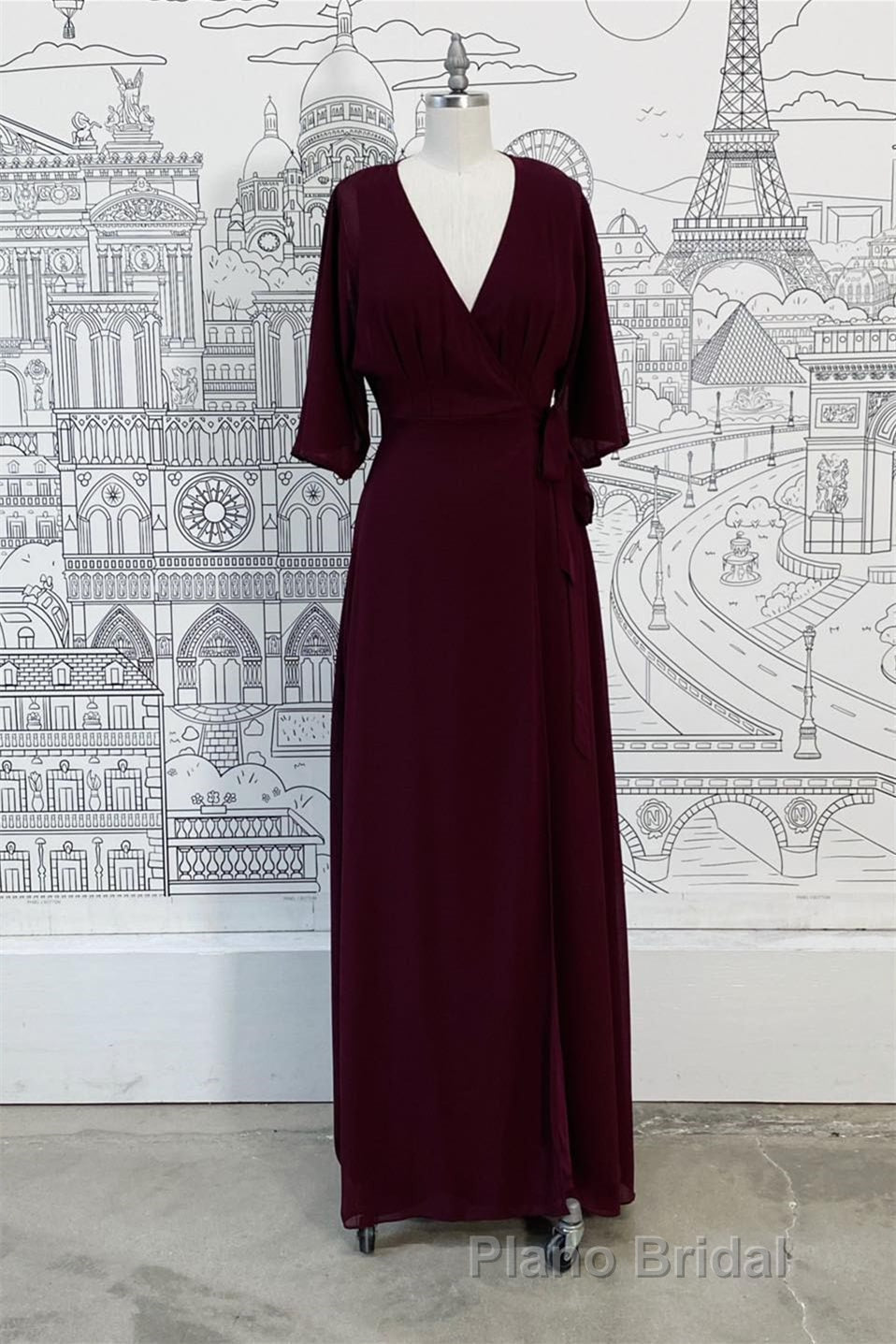 Wrap V Neck Sleeves Chiffon Long Bridesmaid Dresses with Sash