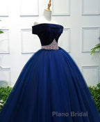 Dark Blue Tulle Off Shoulder Long Formal Prom Dresses, Blue Sweet 16 Dresses
