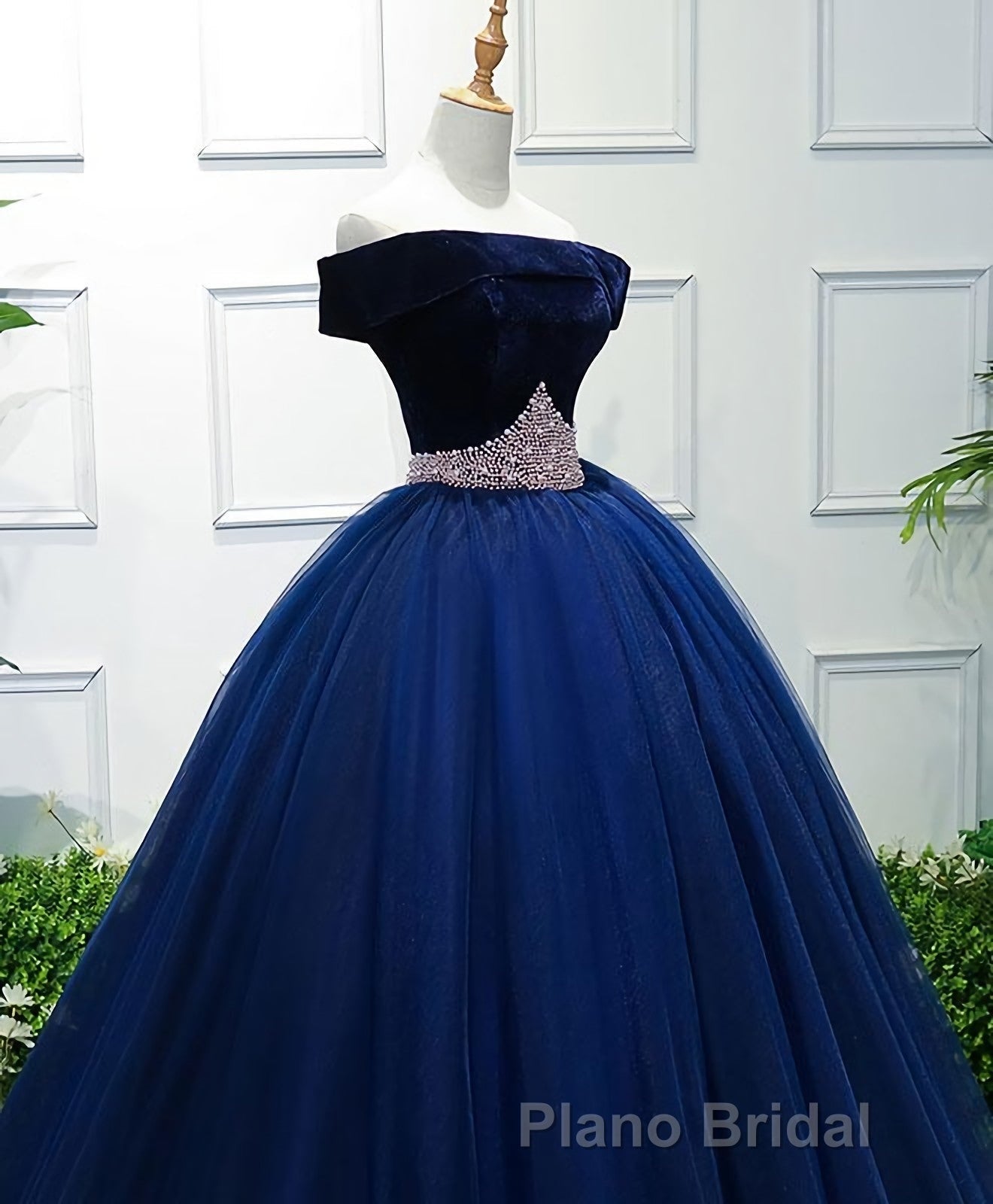 Dark Blue Tulle Off Shoulder Long Formal Prom Dresses, Blue Sweet 16 Dresses
