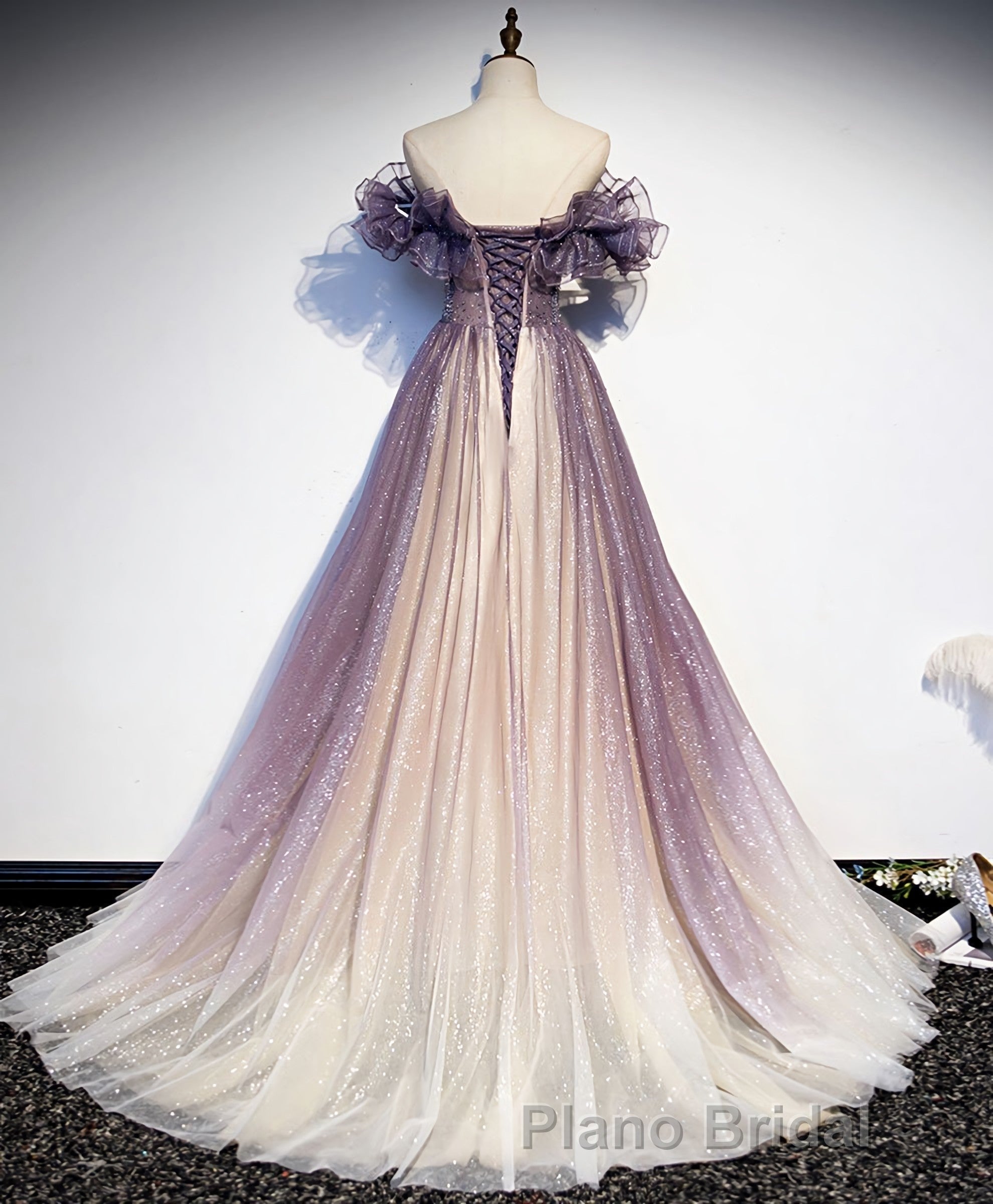 Purple Tulle Sequin Long Formal Prom Dresses, Purple Tulle Prom Dresses