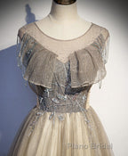 Champagne Round Neck Sequin Long Formal Prom Dresses, Tulle Prom Dresses