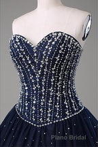 Navy Blue Ball Gown Floor Length Sweetheart Sleeveless Mid Back Formal Prom Dresses