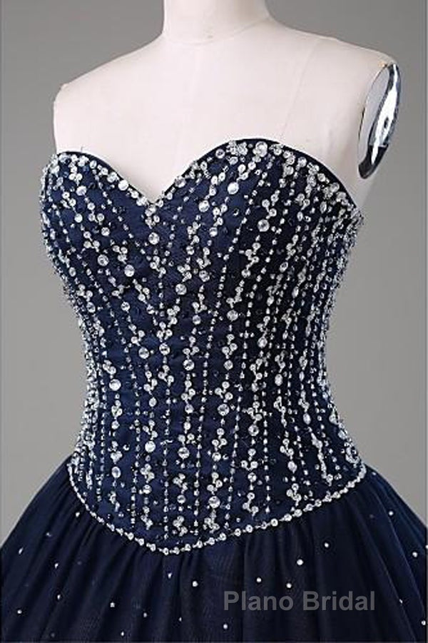 Navy Blue Ball Gown Floor Length Sweetheart Sleeveless Mid Back Formal Prom Dresses
