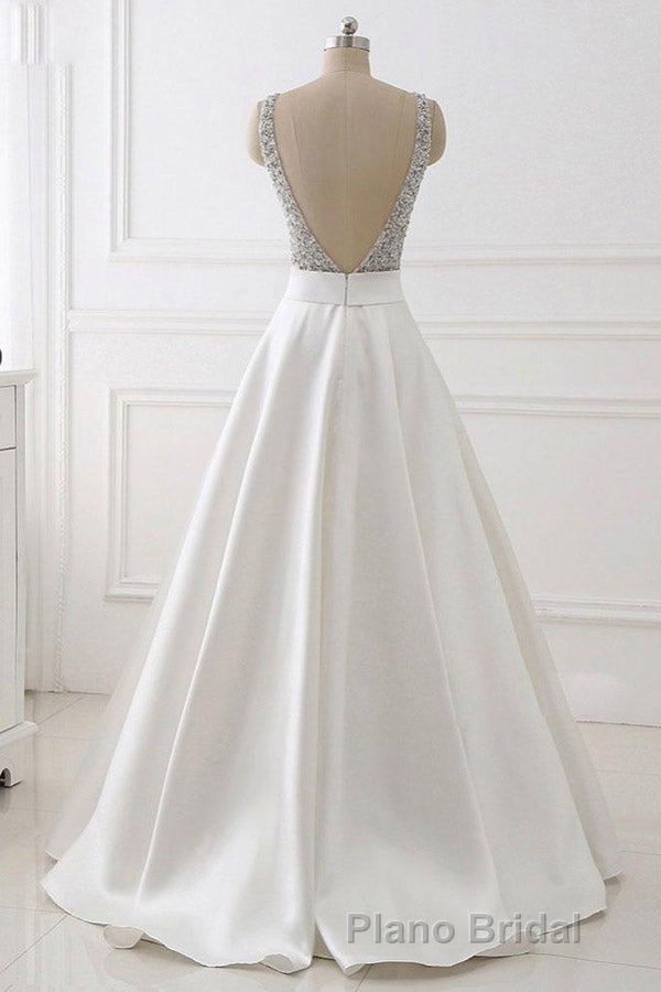 A Line Brush Train Deep V Neck Sleeveless Beading Formal Prom Dresses