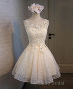 Champagne Lace Round Neck Short Formal Prom Dresses, Bridesmaid Dresses