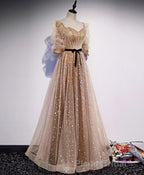 Champagne Sweetheart Tulle Long Formal Prom Dresses, Tulle Prom Dresses
