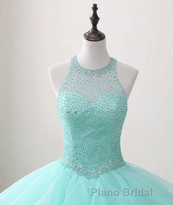 Mint Ball Gown Floor Length Halter Keyhole Back Beading Ruffles Formal Prom Dresses