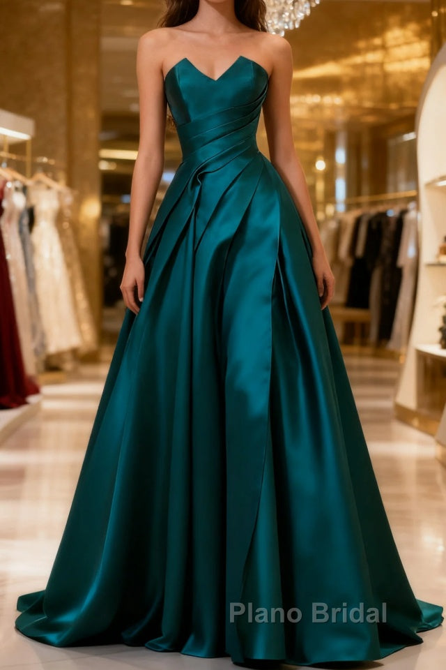 Simple Blue Satin Strapless Formal Prom Dresses