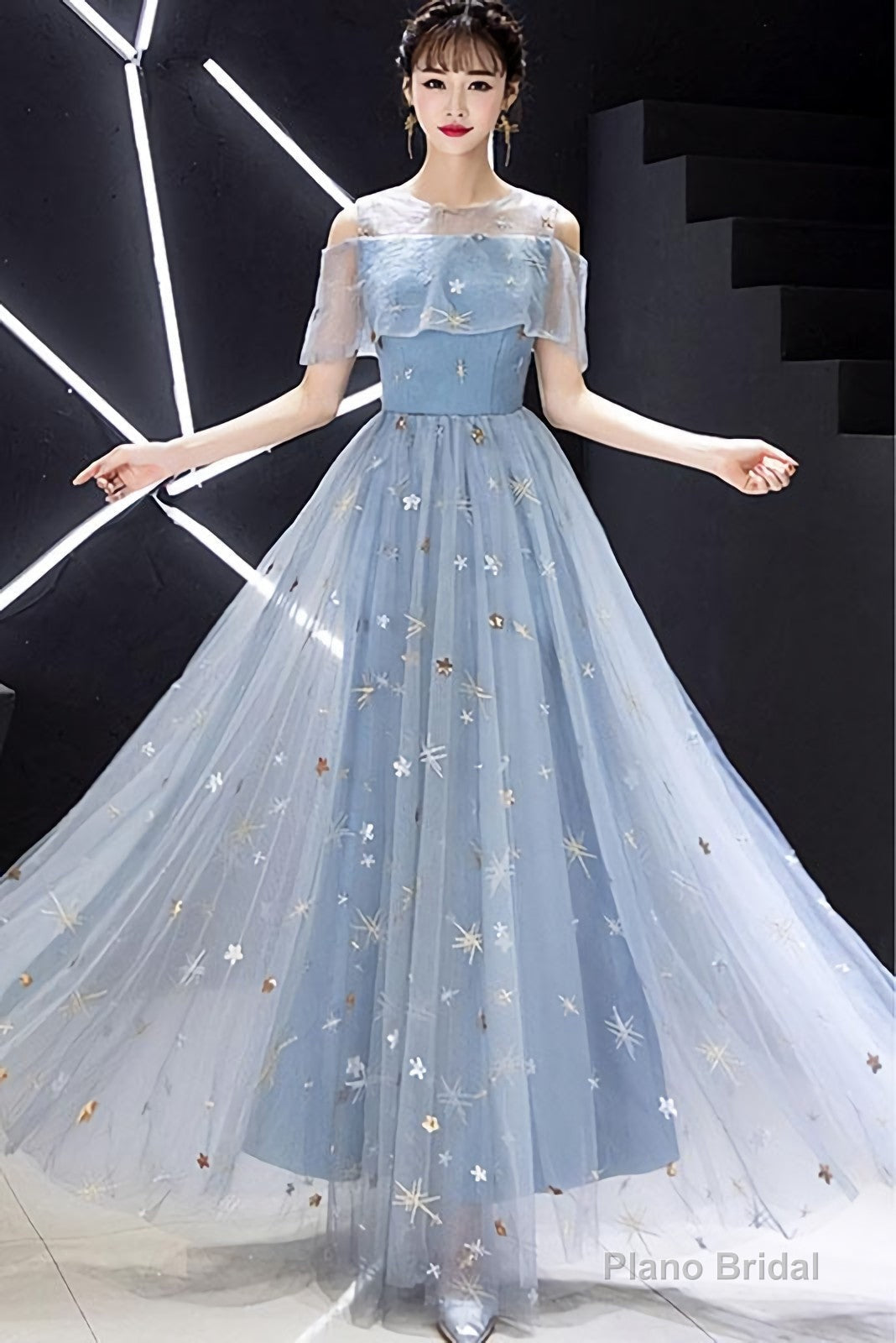 Blue Round Neck Tulle Long Prom Dress, Blue Tulle Evening Dress, 1 Main image