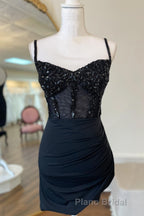 Black Straps Beaded Sheath Satin Homecoming Dresses