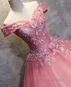 Pink Tulle Lace Off Shoulder Long Formal Prom Dress, Pink Tulle Evening Dress, 1