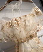 Champagne Tulle Lace Long Formal Prom Dress, Champagne Formal Dress, 1