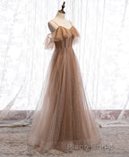 Champagne Tulle Sequin Long Formal Prom Dresses, Champagne Evening Dresses