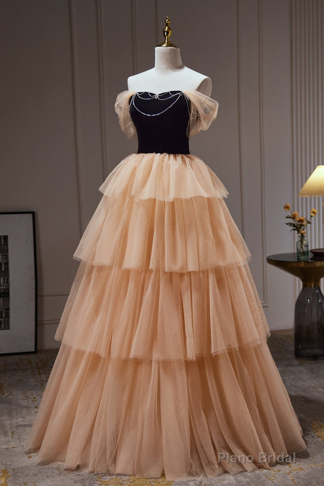 Champagne Off The Shoulder Evening Gown A Line Tulle Long Prom Dresses Secondary image