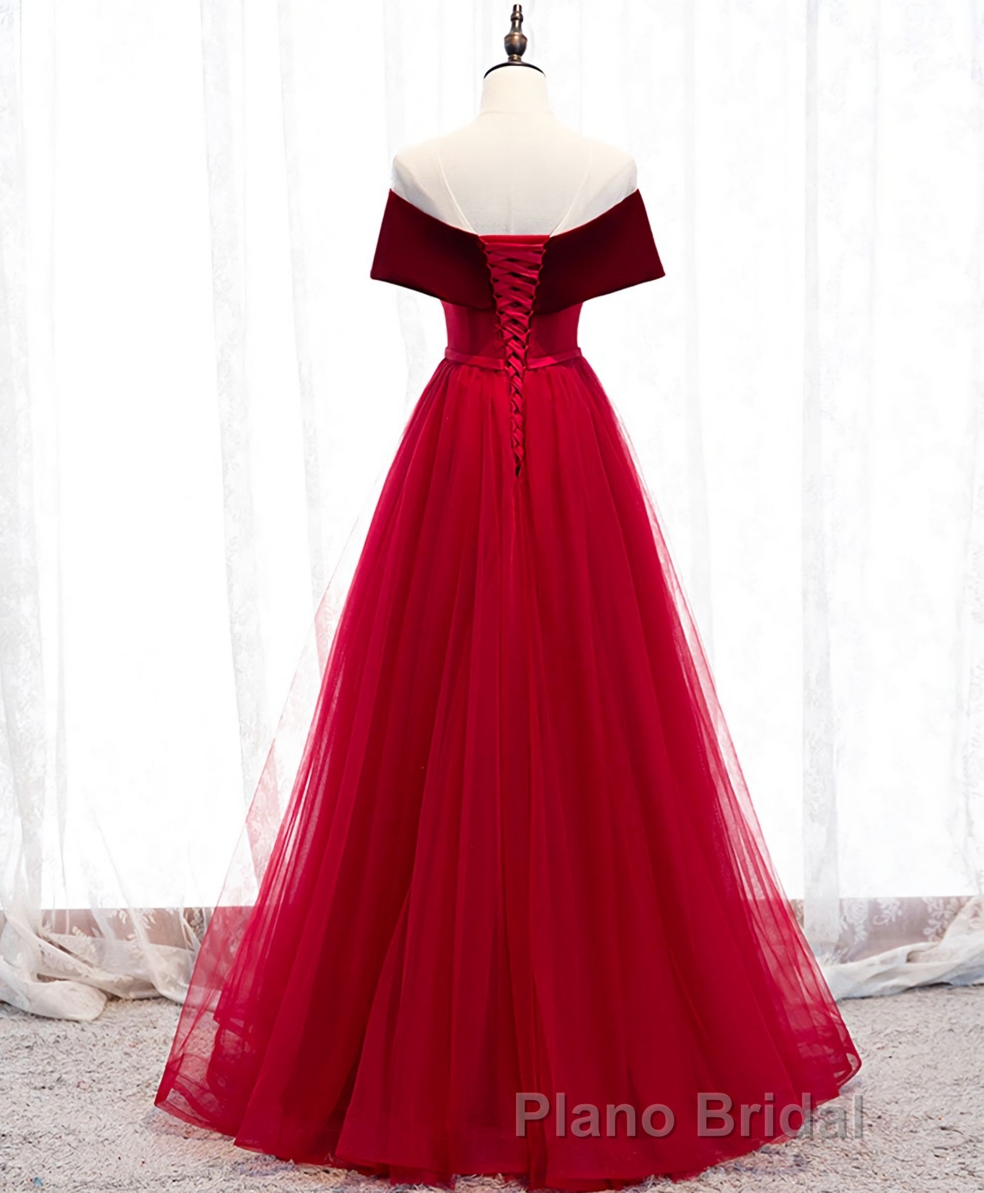 Burgundy Tulle Off Shoulder Long Formal Prom Dresses, Burgundy Prom Dresses Secondary image