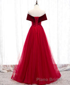 Burgundy Tulle Off Shoulder Long Formal Prom Dresses, Burgundy Prom Dresses