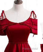 Burgundy Satin Beads Long Formal Prom Dresses, Burgundy Evening Dresses