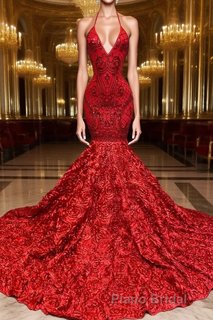 Burgundy Halter Mermaid V-neck Low back Flowers Formal Prom Dresses Main image