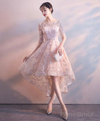 Pink Round Neck Lace Short Prom Dress Pink Homecoming Dress 1