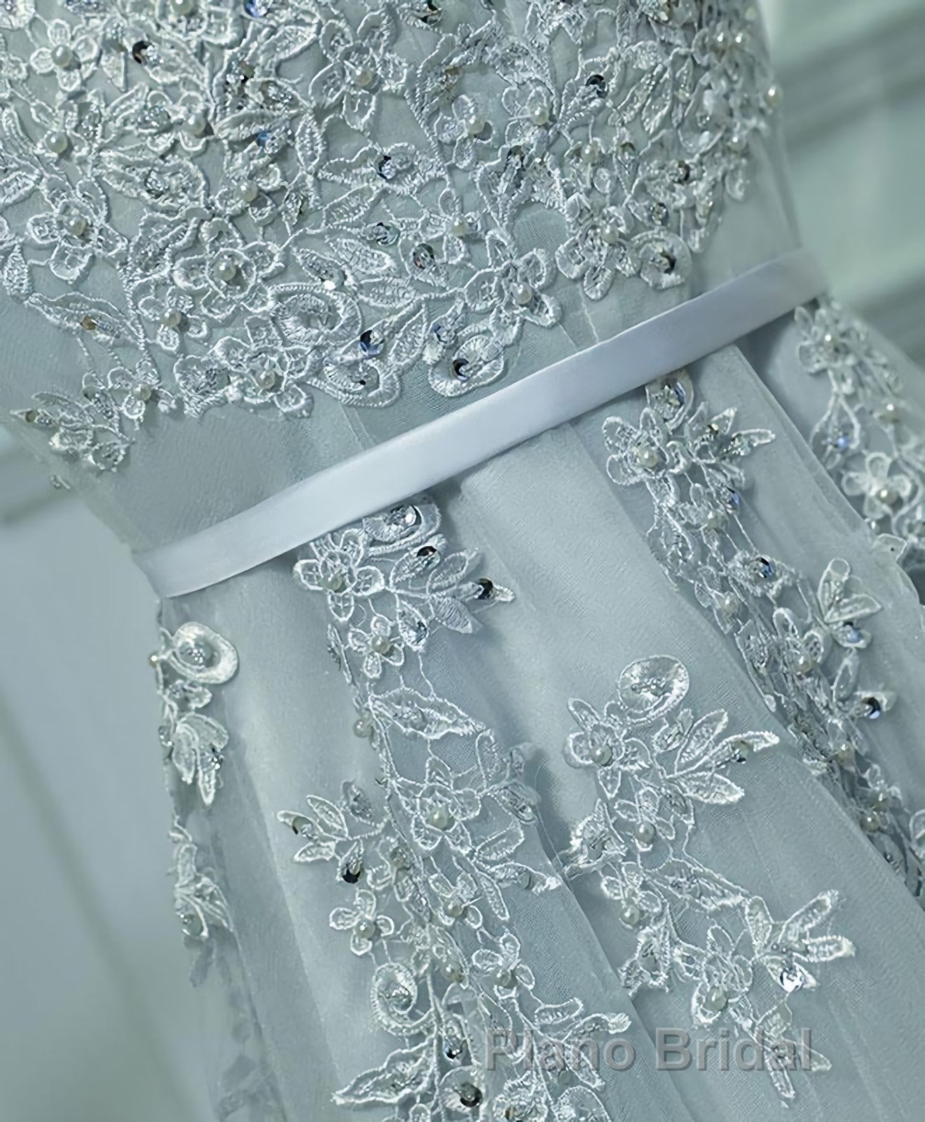 Gray A Line Lace Tulle Short Formal Prom Dresses, Homecoming Dresses