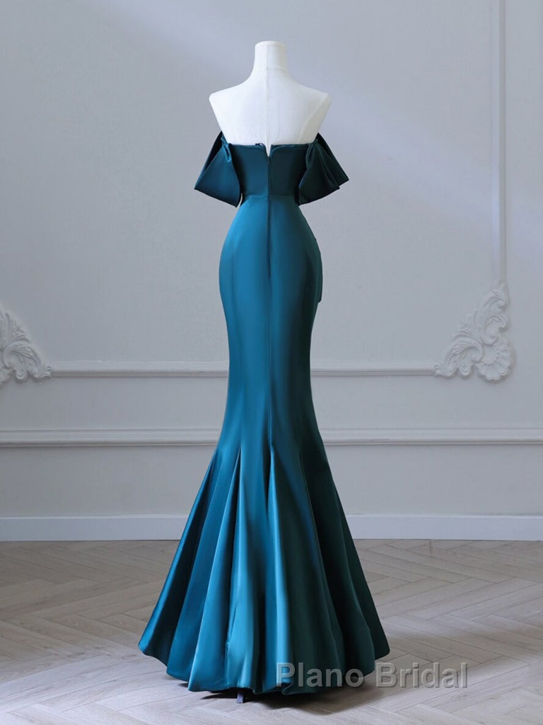 Simple Off Shoulder Satin Ink Blue Long Formal Prom Dress, Ink Blue Long Formal Dress