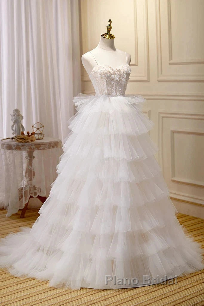 3D Flowers Spaghetti Straps Beading Ivory Tulle Wedding Dresses Secondary image