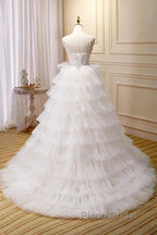 3D Flowers Spaghetti Straps Beading Ivory Tulle Wedding Dresses