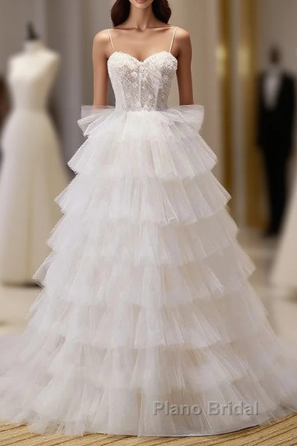 3D Flowers Spaghetti Straps Beading Ivory Tulle Wedding Dresses Main image