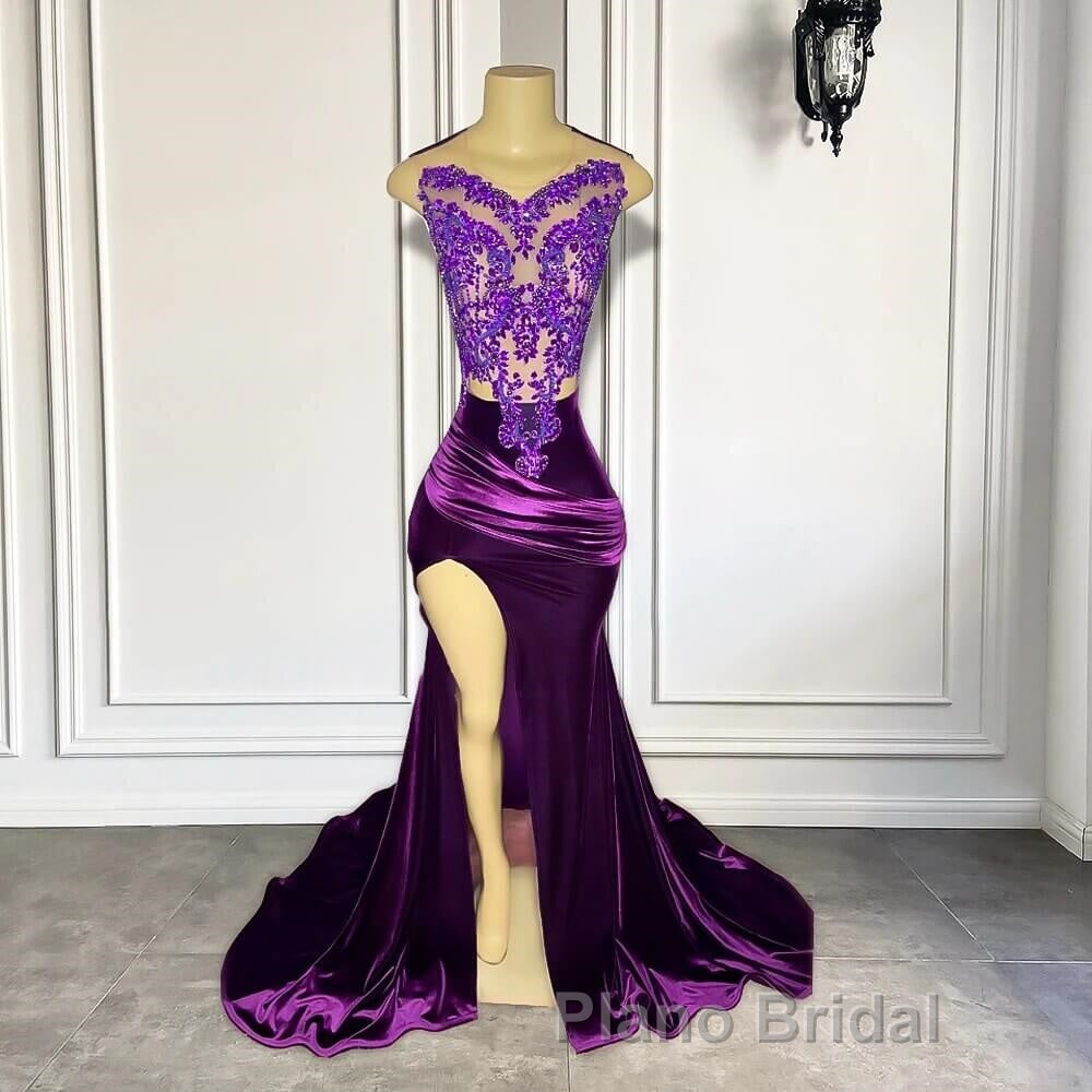 Purple Sleeveless Mermaid Formal Prom Dress with Split Appliques