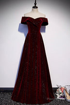Burgundy Velvet Long Prom Dresses, Off the Shoulder Evening Dresses